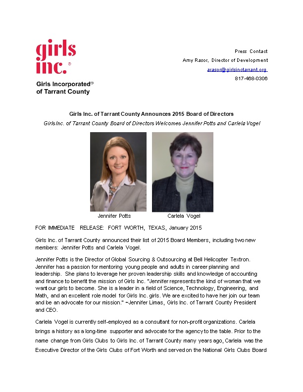 Girls Inc. of Tarrant County Announces 2015 Board of Directors