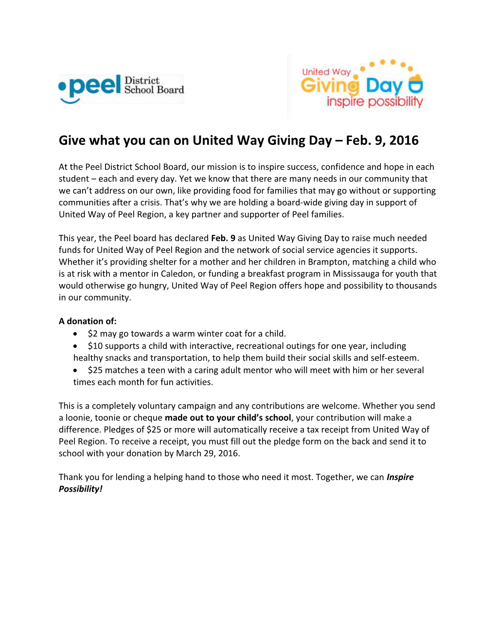 Give What You Can on United Way Giving Day Feb. 9, 2016