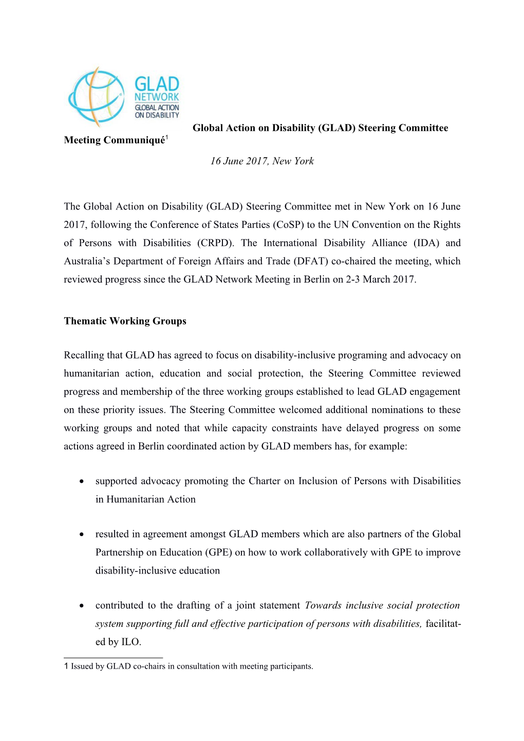 Global Action on Disability (GLAD) Steering Committee Meeting Communiqué 1