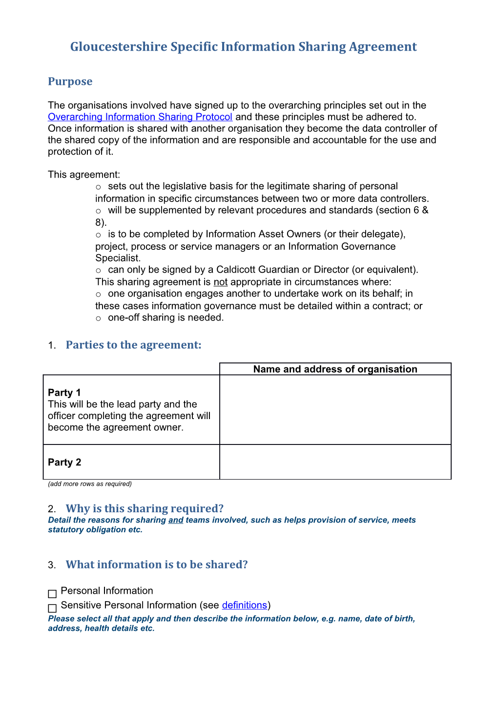 Gloucestershire Specific Information Sharing Agreement