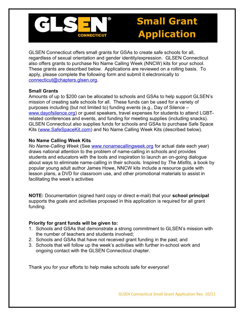 GLSEN Connecticut Small Grant Application