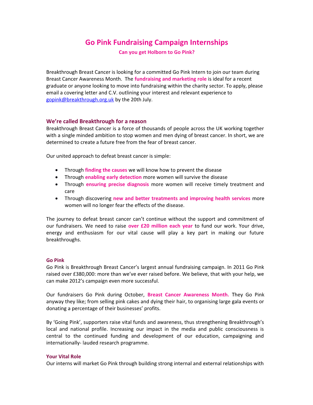 Go Pink Fundraising Campaign Internships