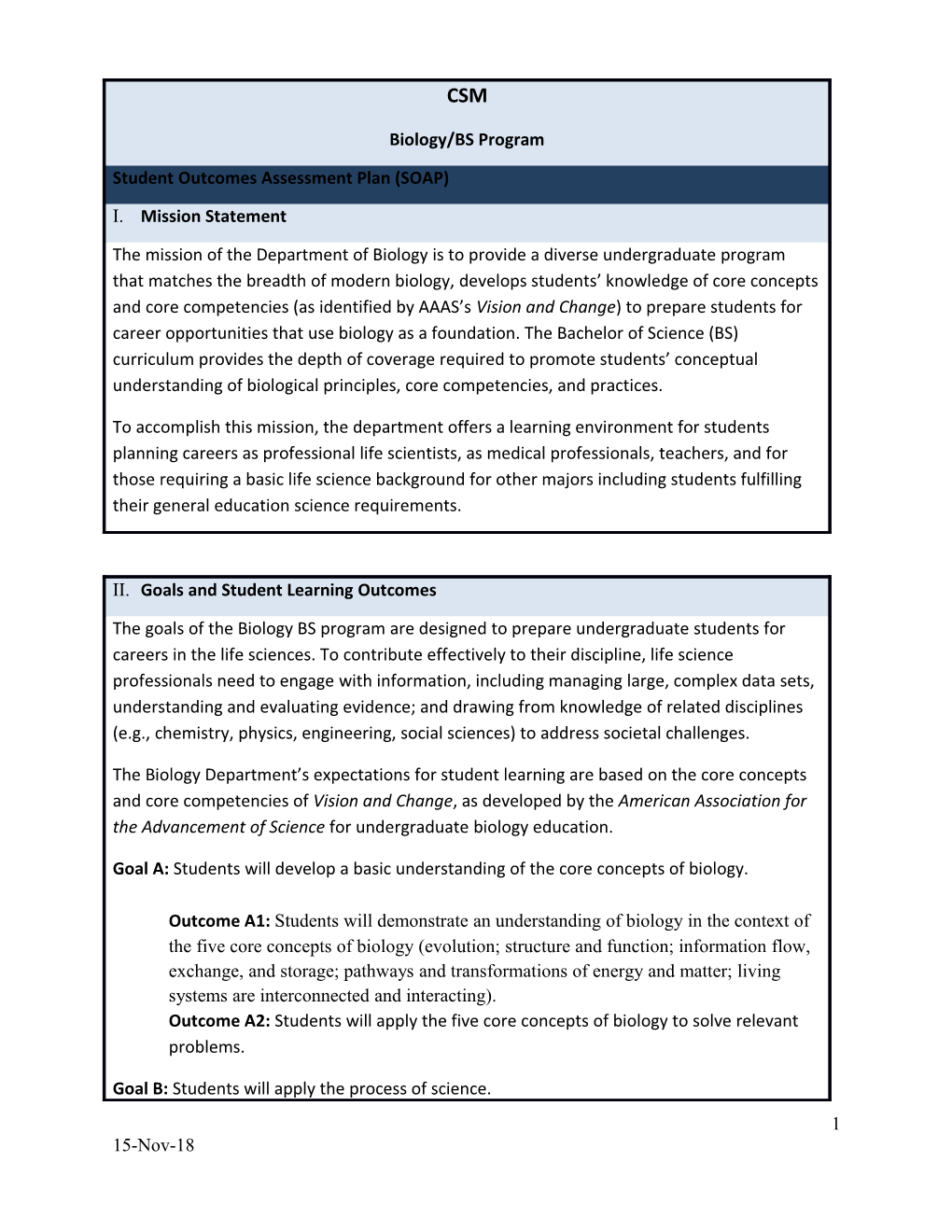 Goals and Student Learning Outcomes