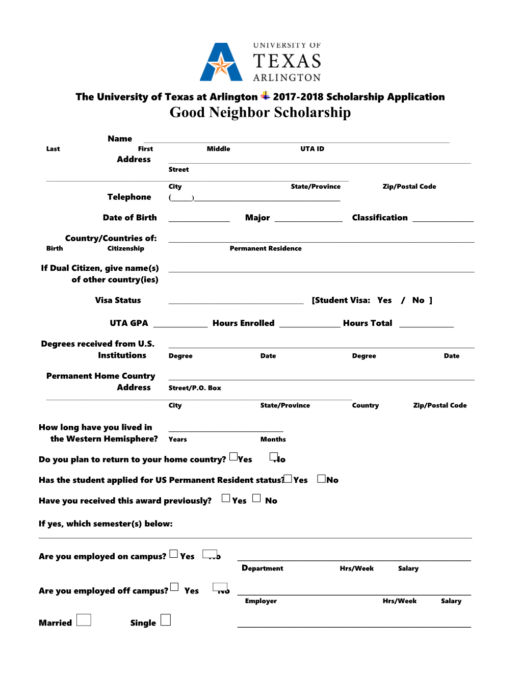Good Neighbor Scholarship Application Page