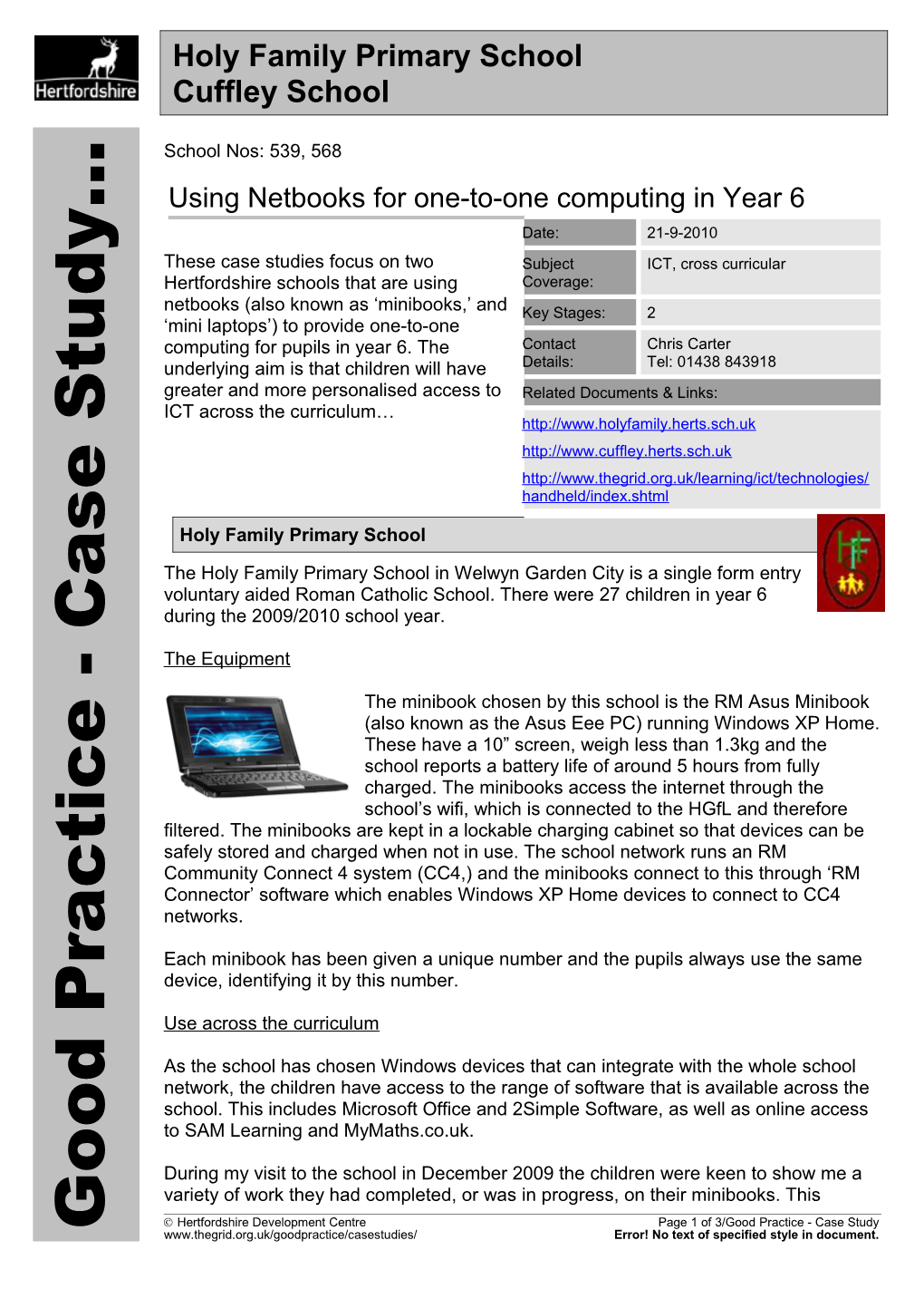 Good Practice - Case Study Holy Family Primary School & Nursery and Cuffley School