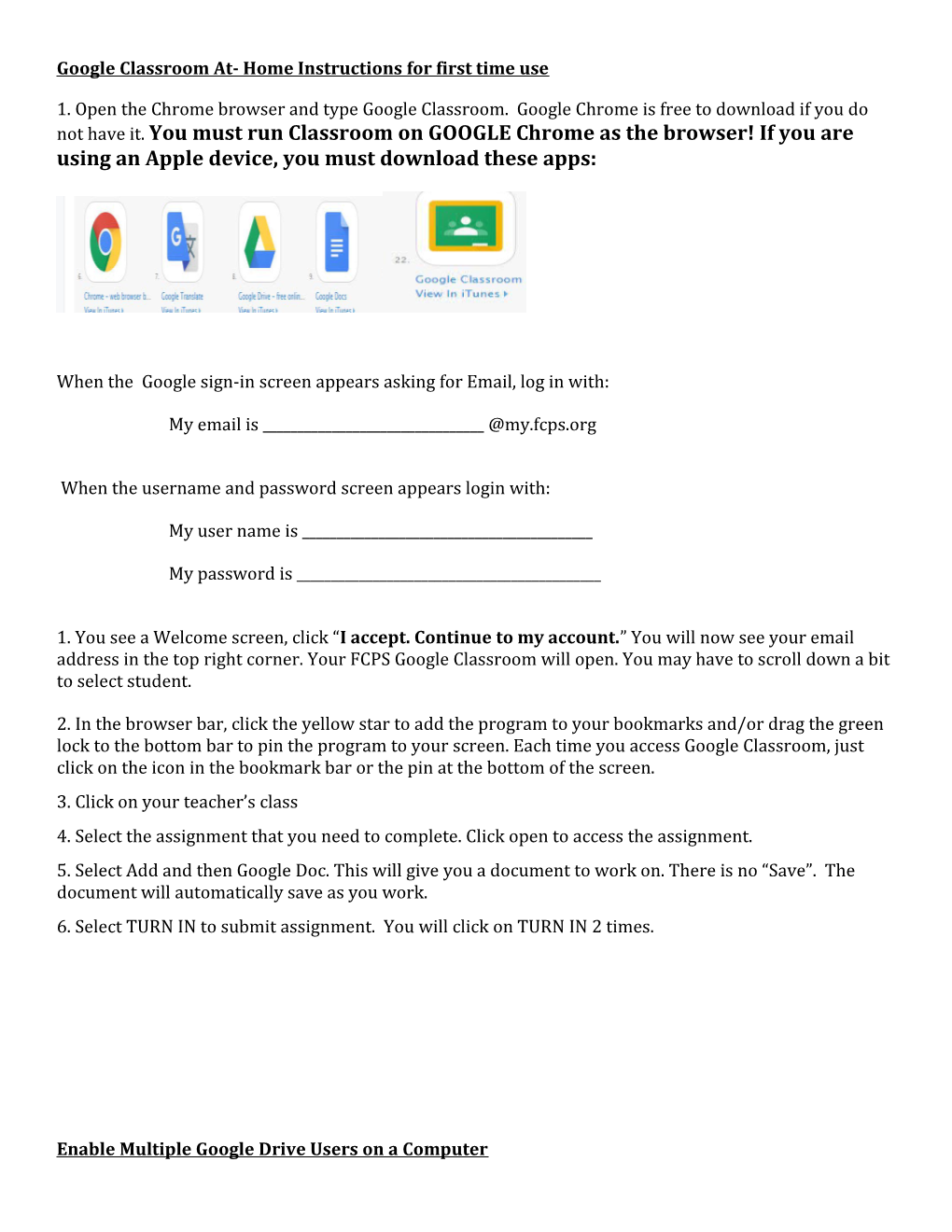 Google Classroom At- Home Instructions for First Time Use