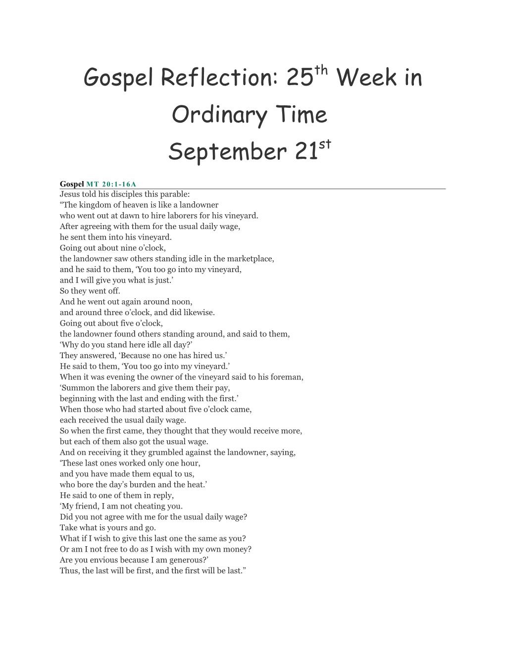 Gospel Reflection: 25Th Week in Ordinary Time September 21St