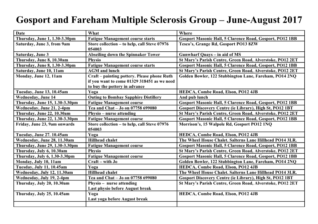 Gosport and Fareham Multiple Sclerosis Group June-August 2017