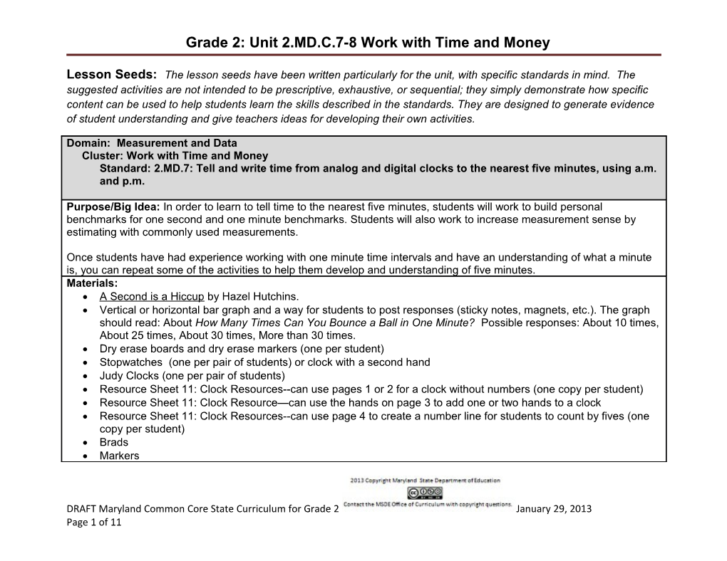 Grade 2: Unit 2.MD.C.7-8 Work with Time and Money