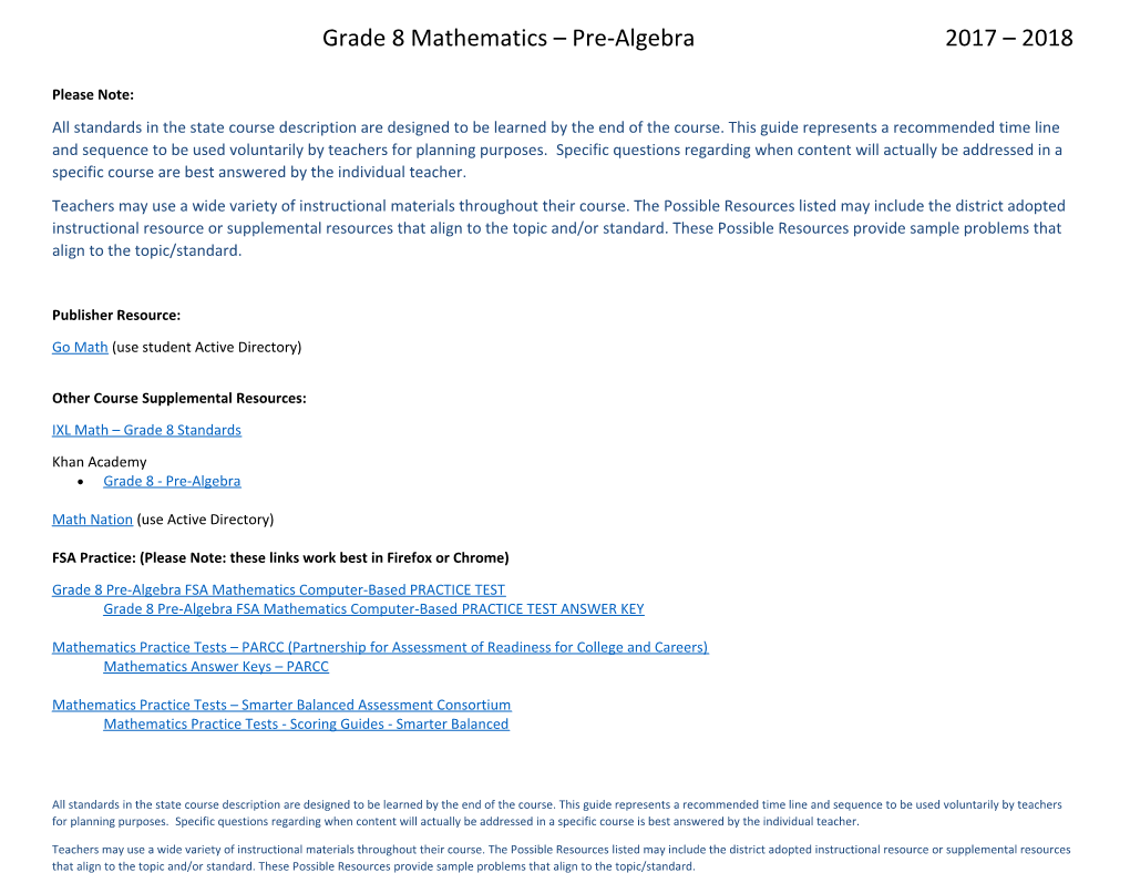 Grade 8 Mathematics Pre-Algebra 2017 2018