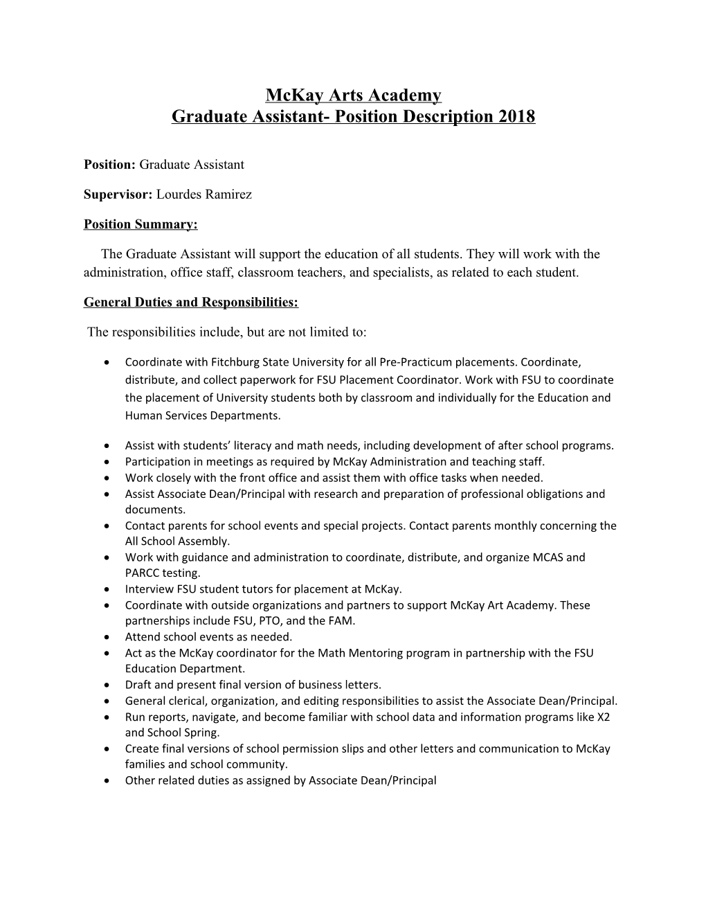 Graduate Assistant- Position Description 2018