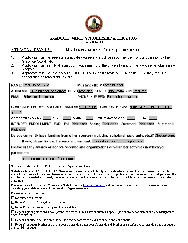 Graduate Merit Scholarship Application