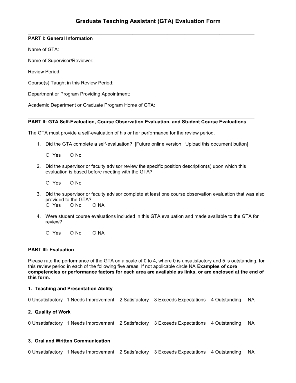 Graduate Teaching Assistant (GTA) Evaluation Form