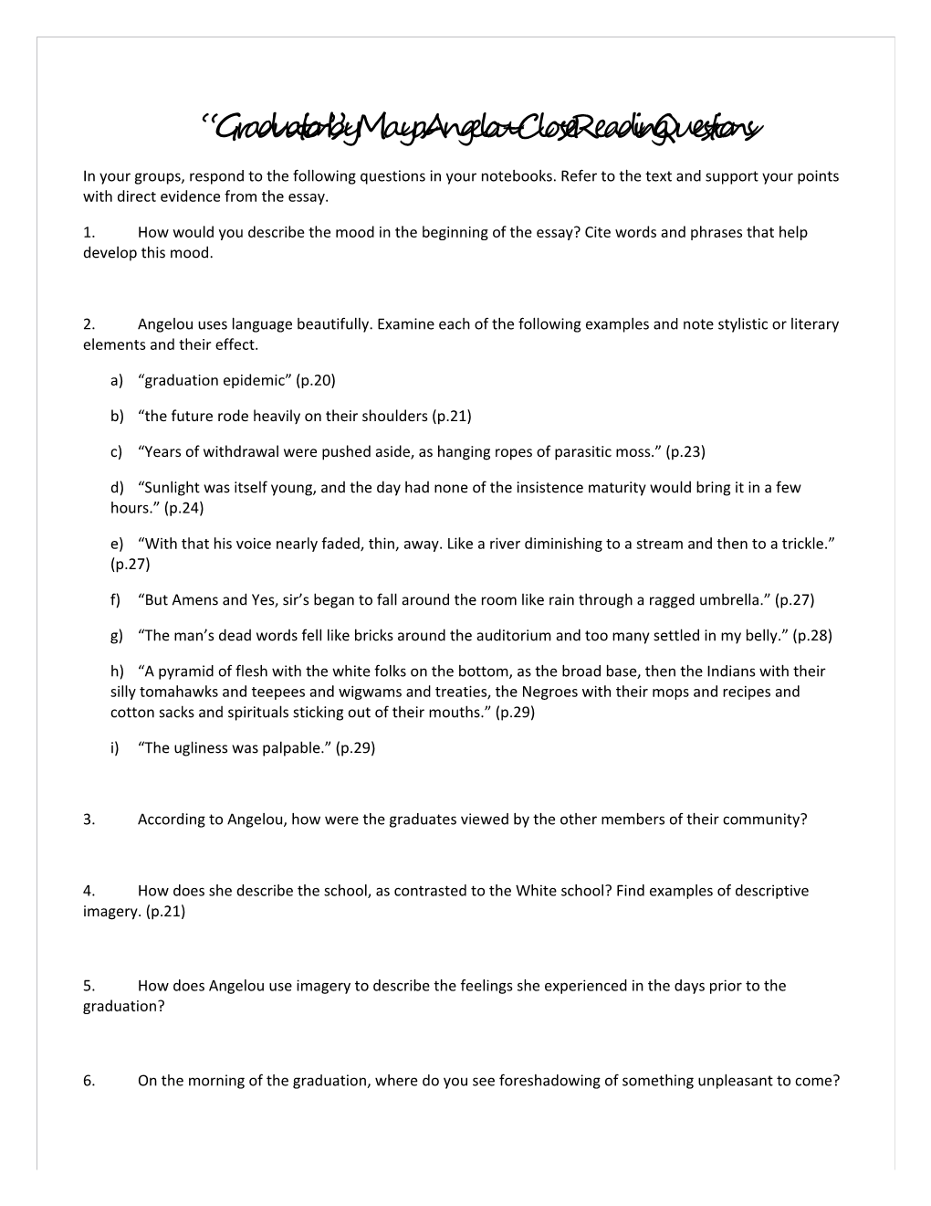 Graduation by Maya Angelou Close Reading Questions
