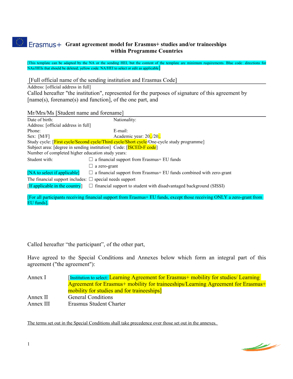 Grant Agreement Model for Erasmus+ Studies And/Or Traineeships