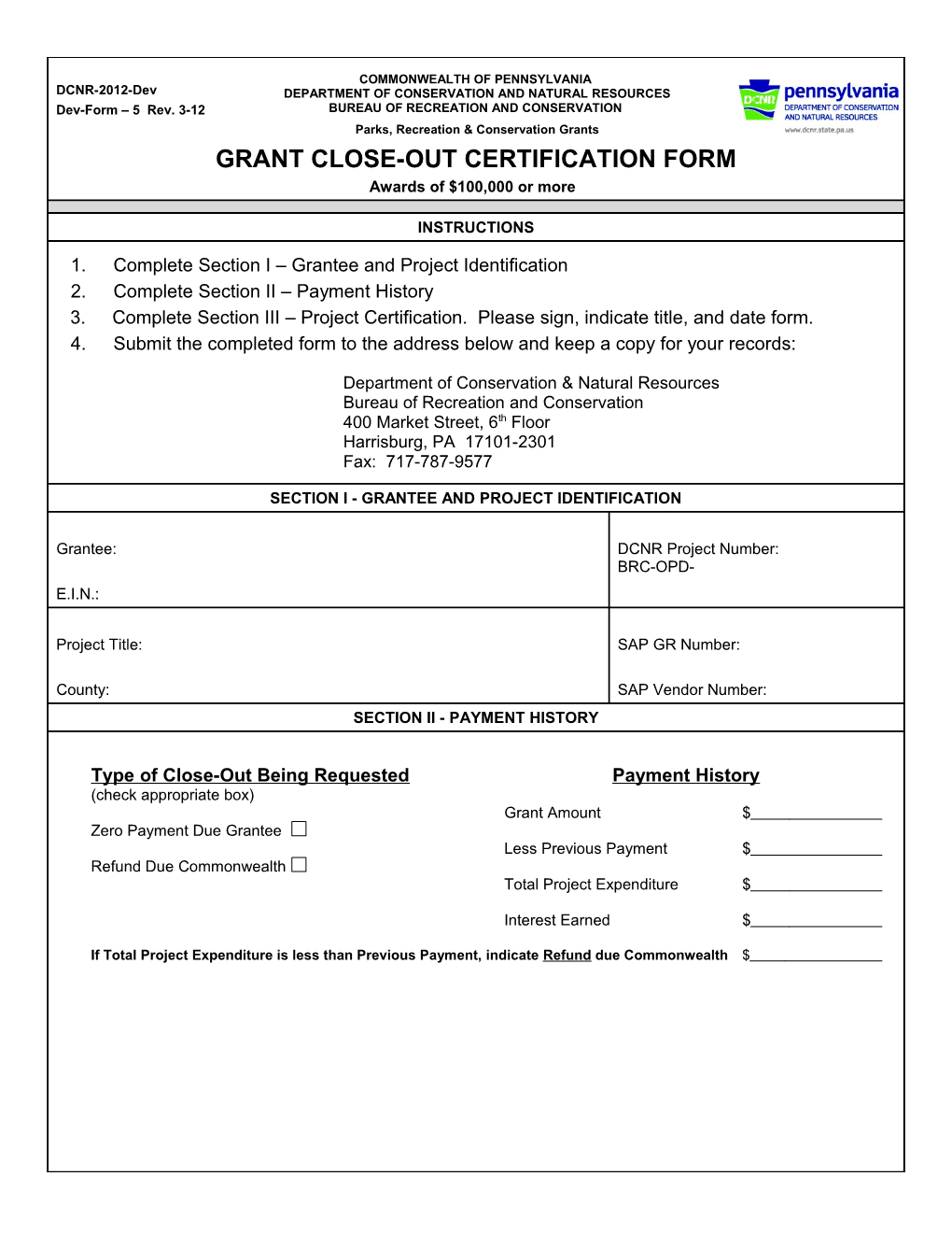 Grant Close-Out Certification Form