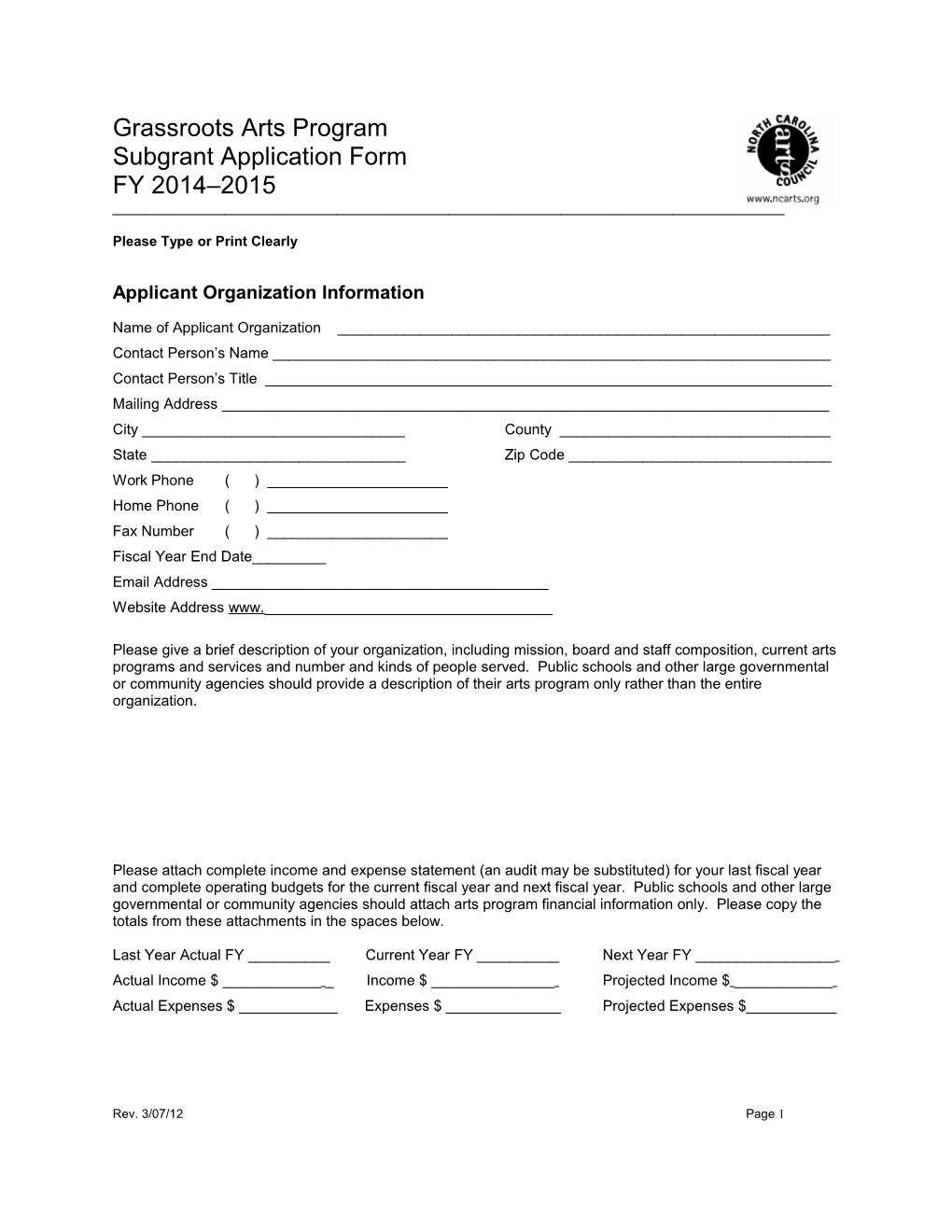 Grassroots Arts Program Subgrant Application Form 2002-03 1