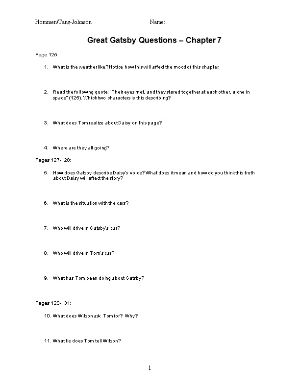 Great Gatsby Questions Chapter 4
