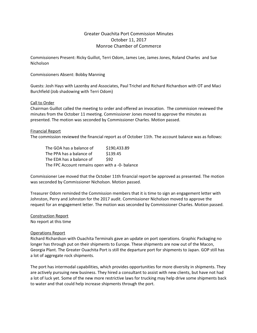 Greater Ouachita Port Commission Minutes
