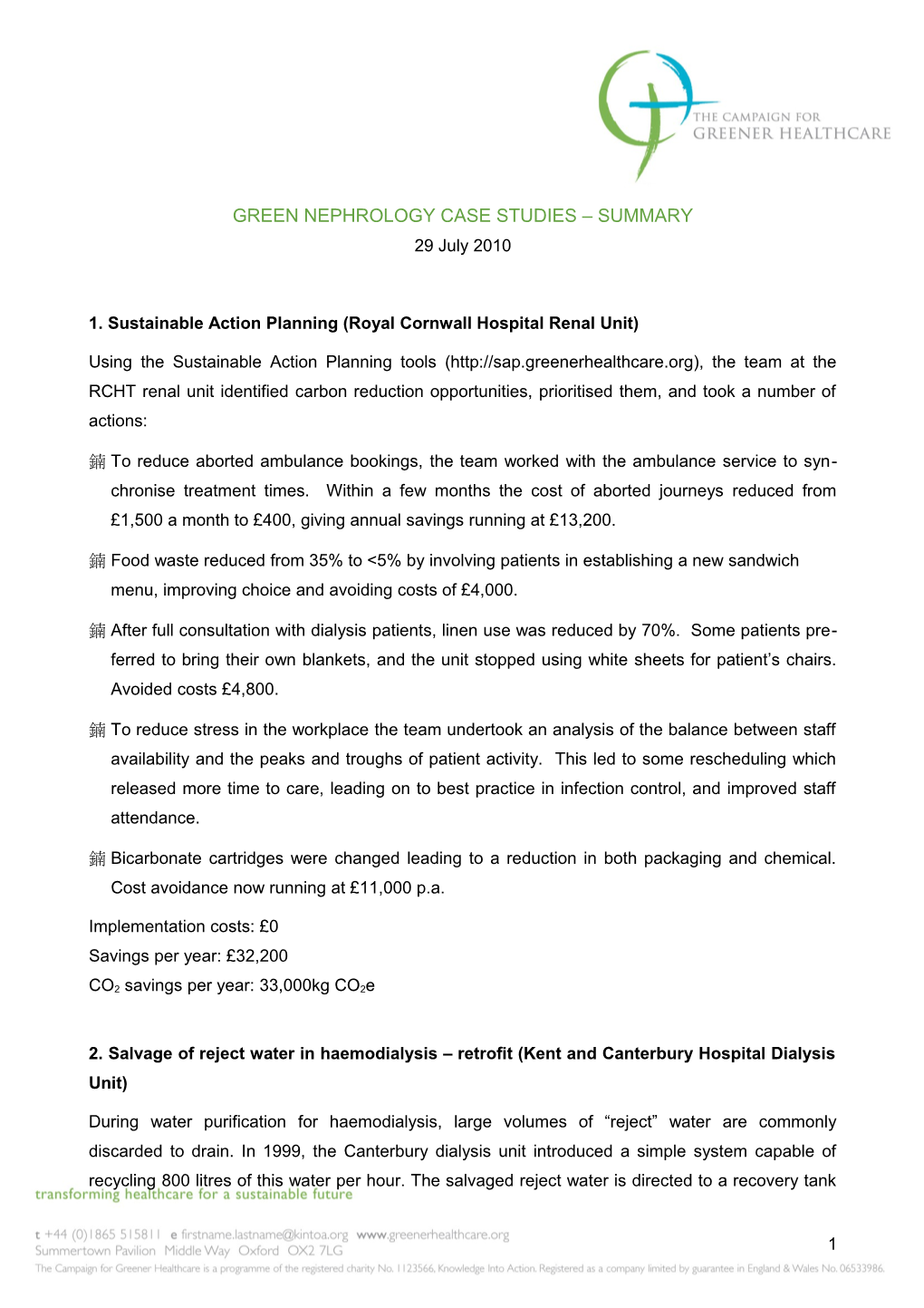 Green Nephrology Case Studies Summary