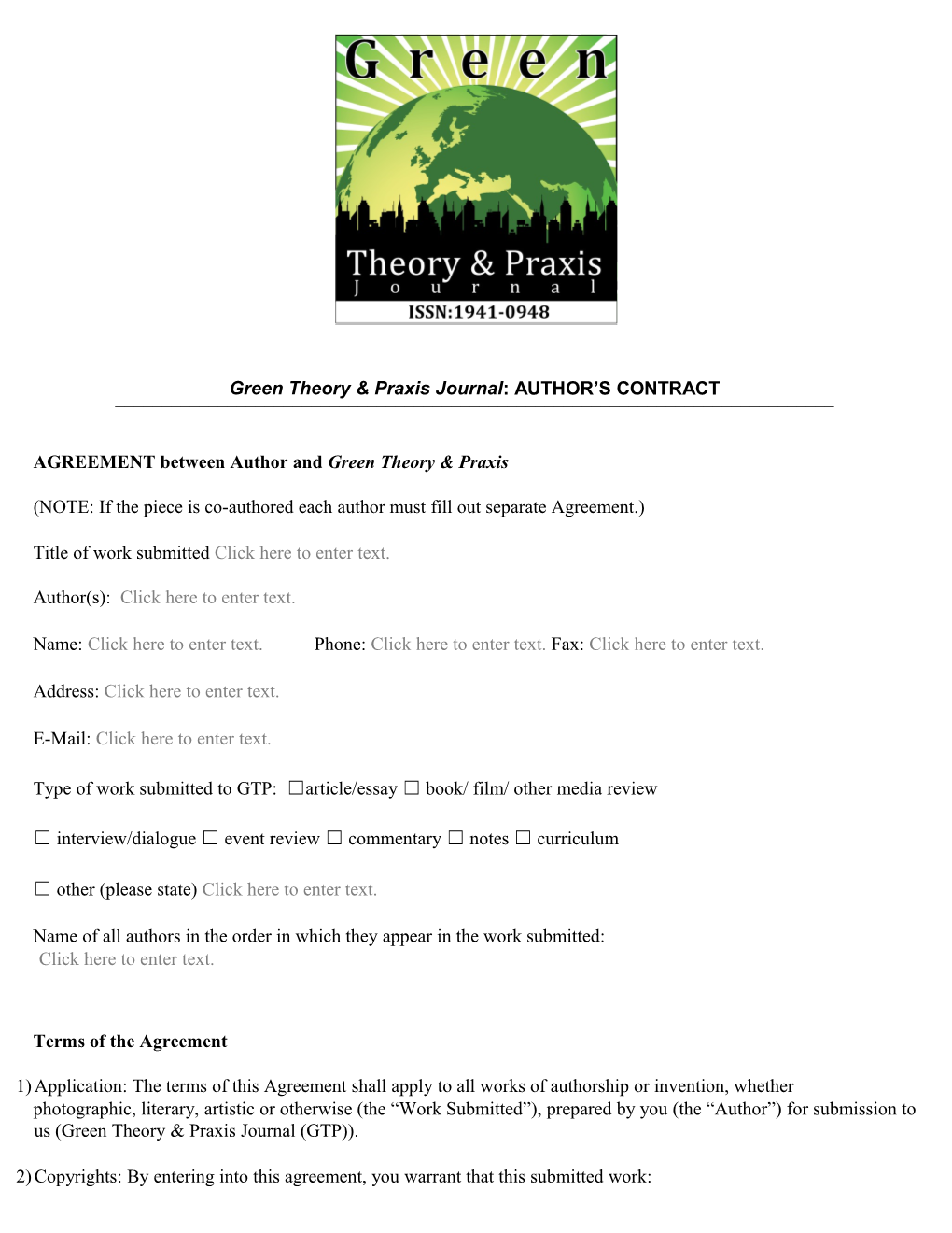 Green Theory & Praxis Journal:AUTHOR S CONTRACT