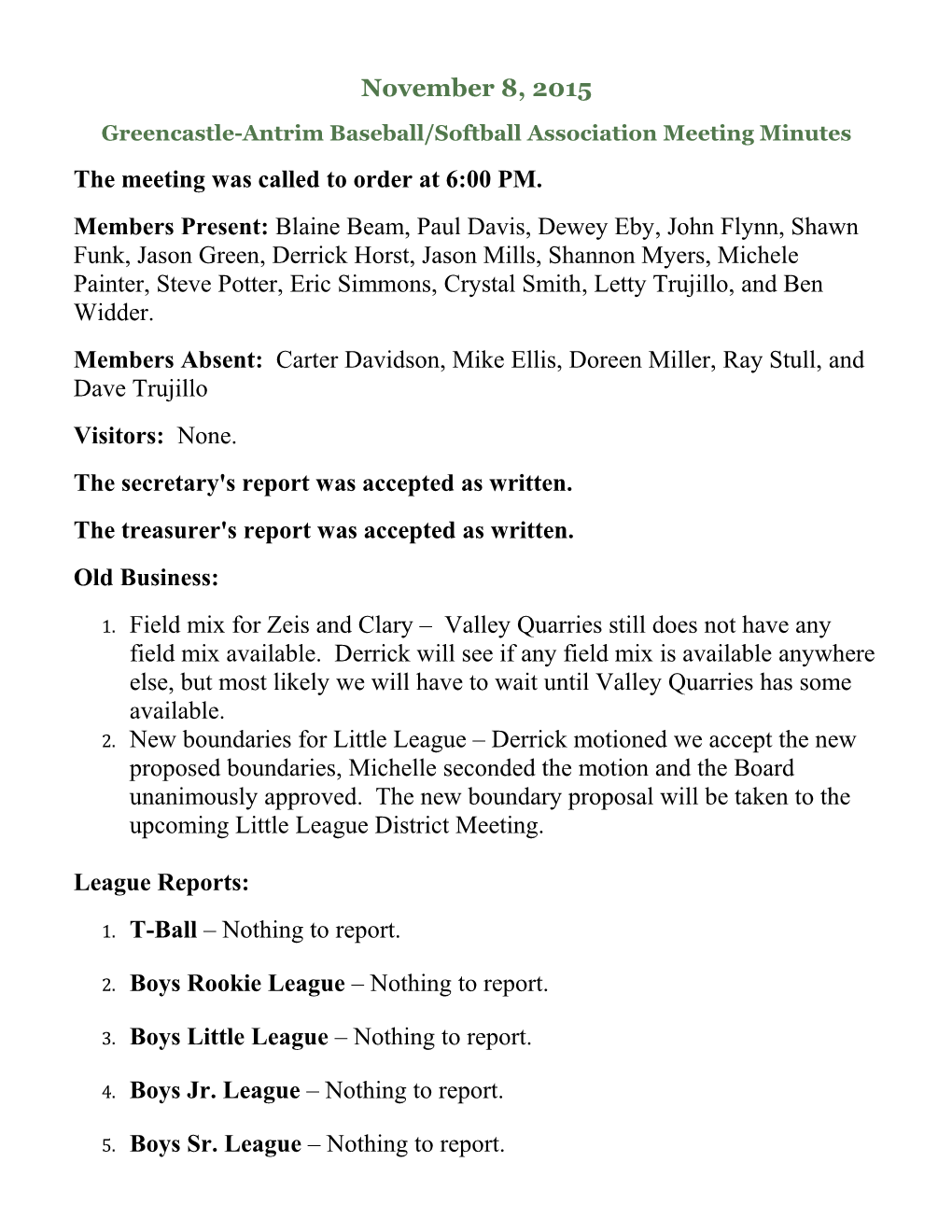Greencastle-Antrim Baseball/Softball Association Meeting Minutes