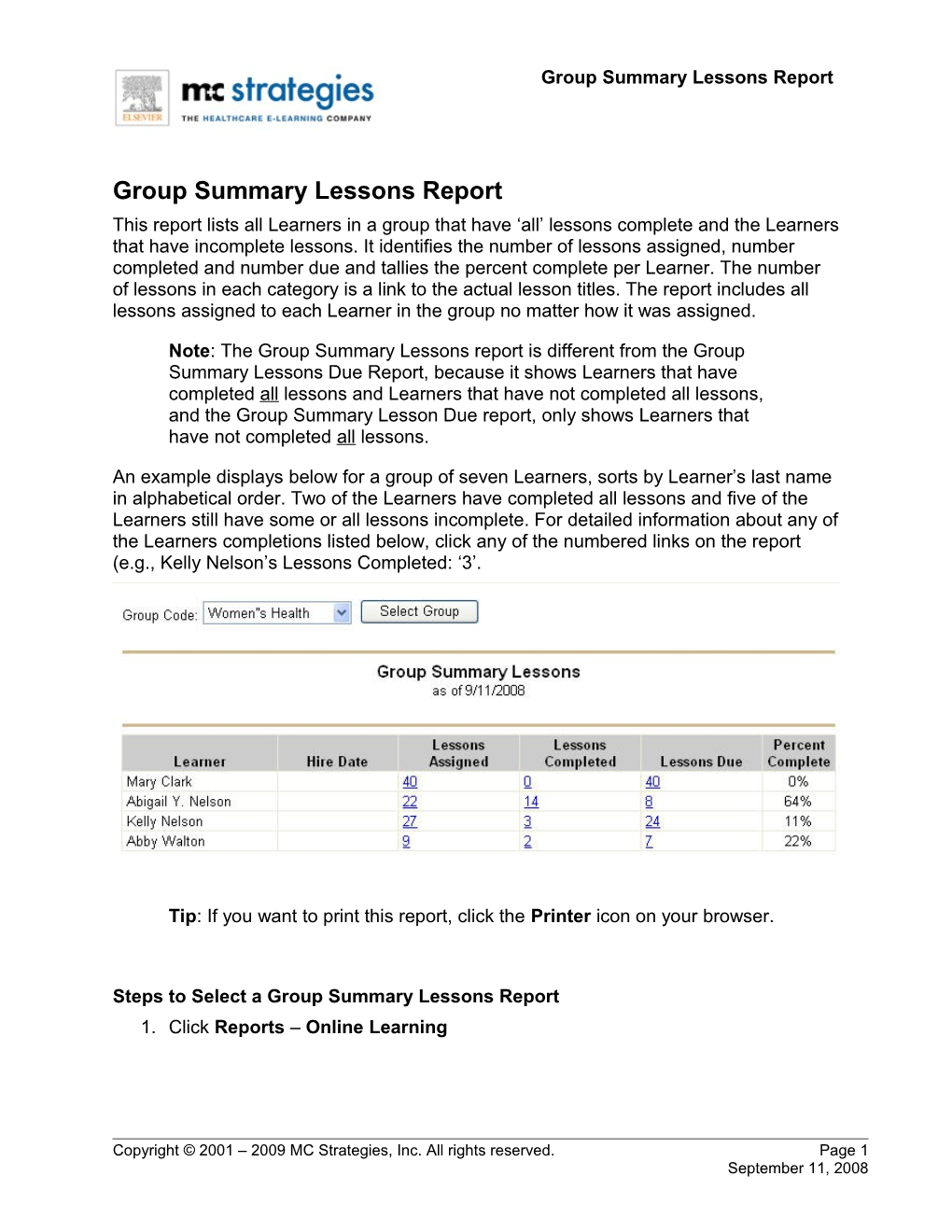 Group Summarylessons Report