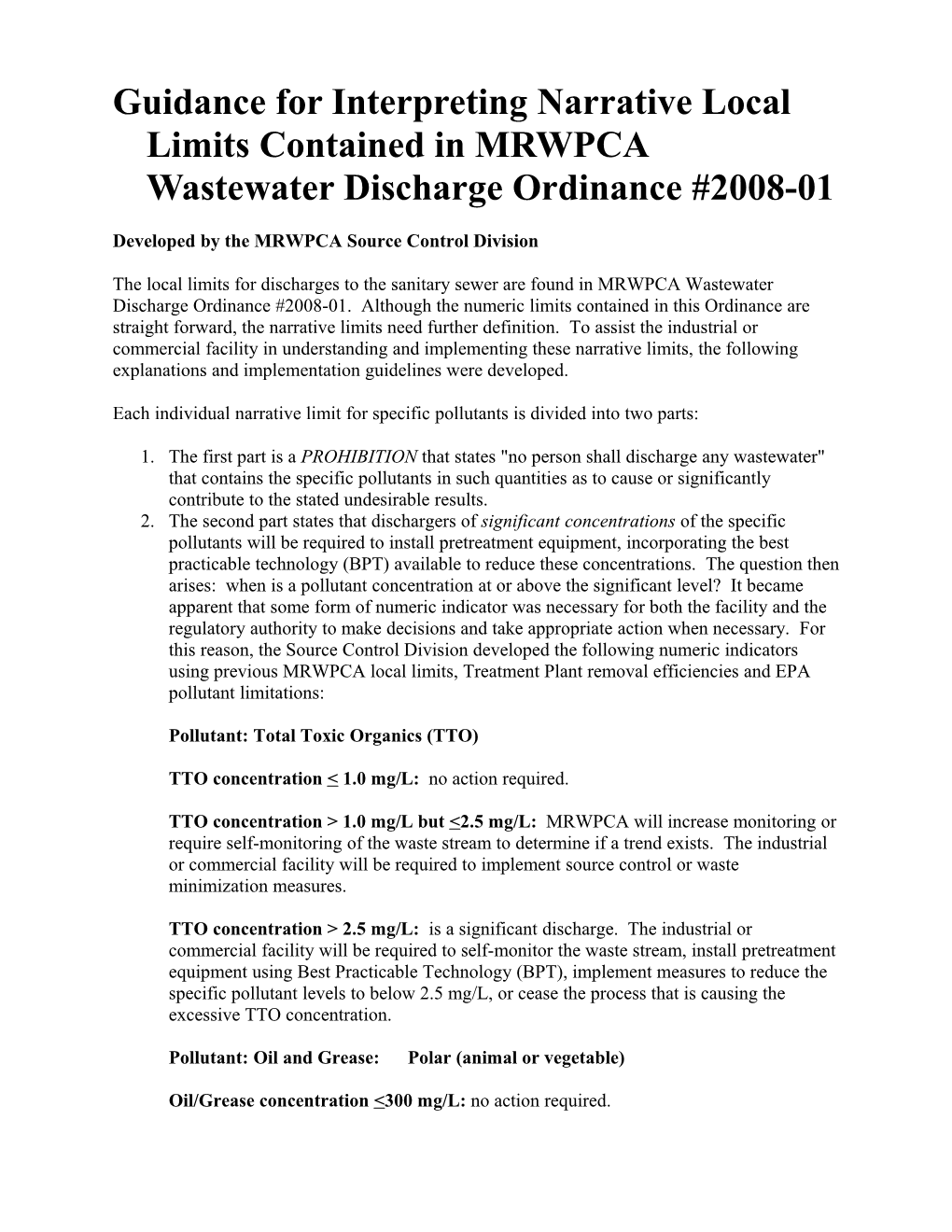 Guidance for Interpreting Narrative Local Limits Contained in MRWPCA Wastewater Discharge