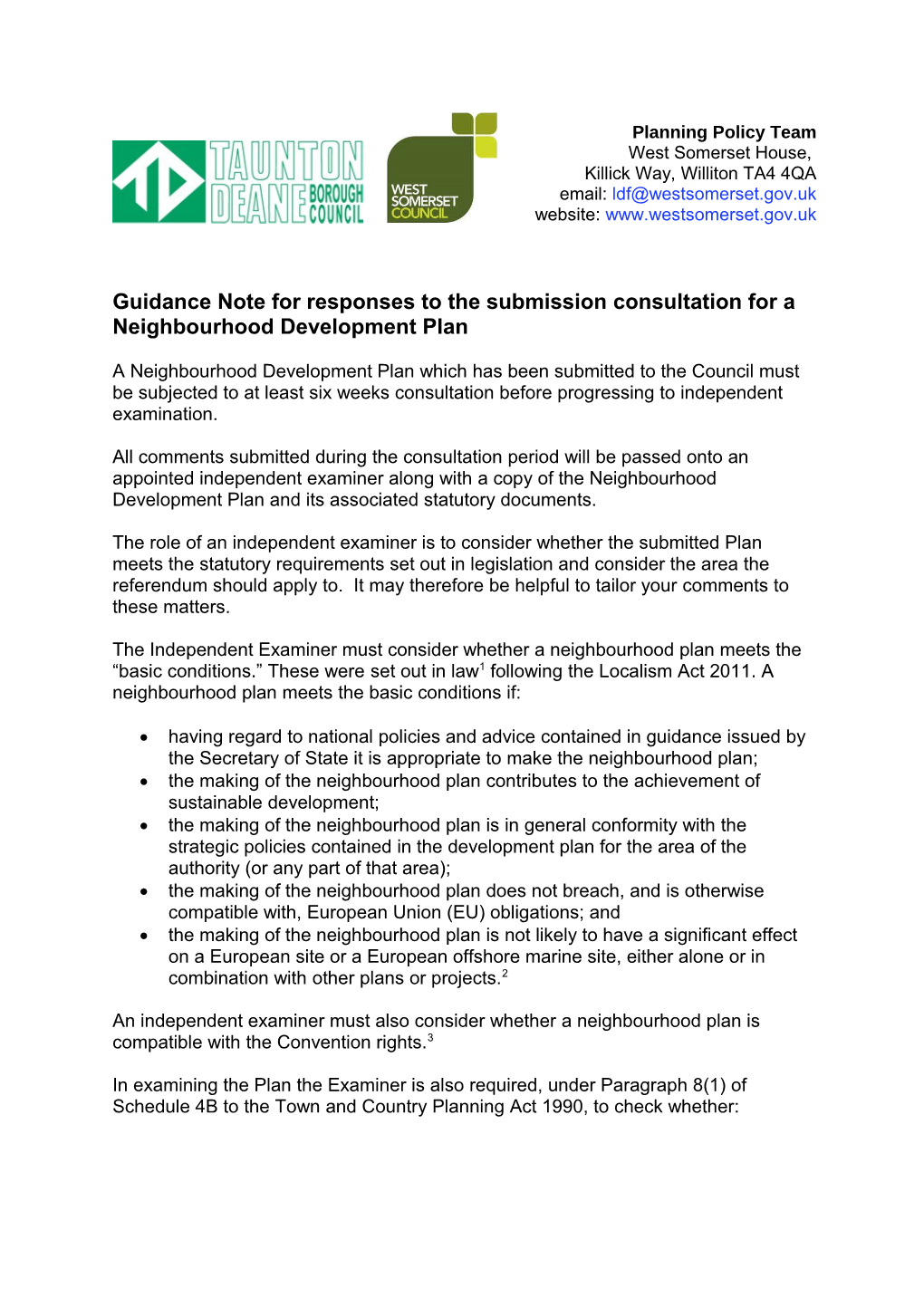 Guidance Note for Responses to the Submission Consultation for a Neighbourhood Development