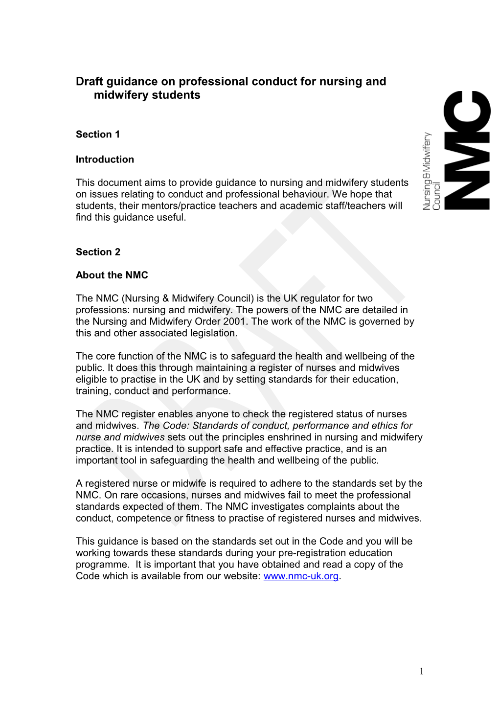 Guidance on Professional Conduct for Nursing and Midwifery Students