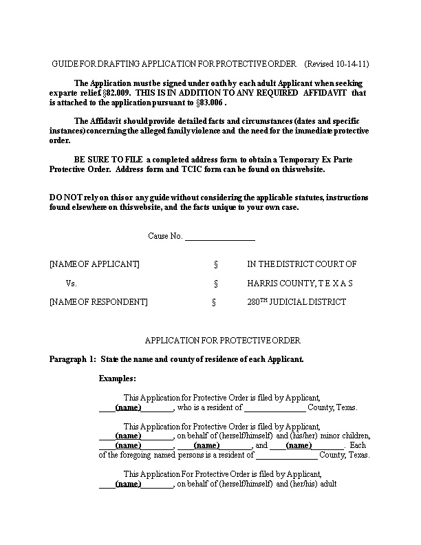 GUIDE for DRAFTING APPLICATION for PROTECTIVE ORDER (Revised 10-14-11)