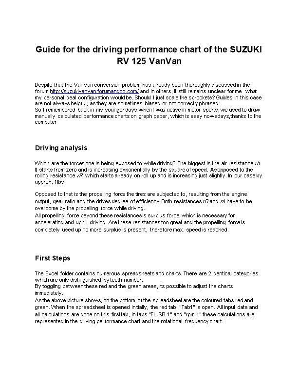 Guide for the Driving Performance Chart of the SUZUKI RV 125 Vanvan