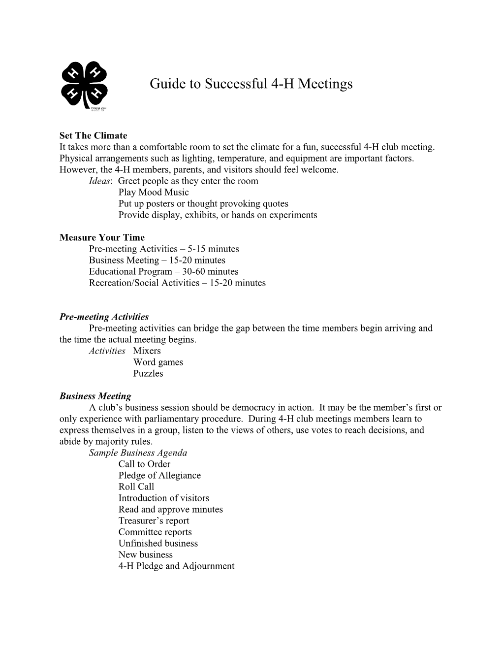 Guide to Successful 4-H Meetings