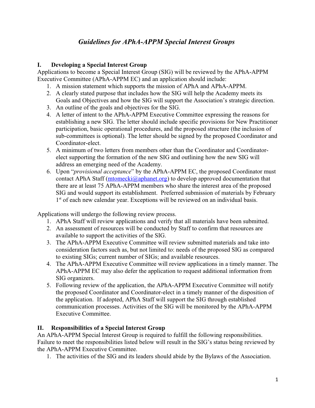 Guidelines for Apha-APPM Special Interest Groups