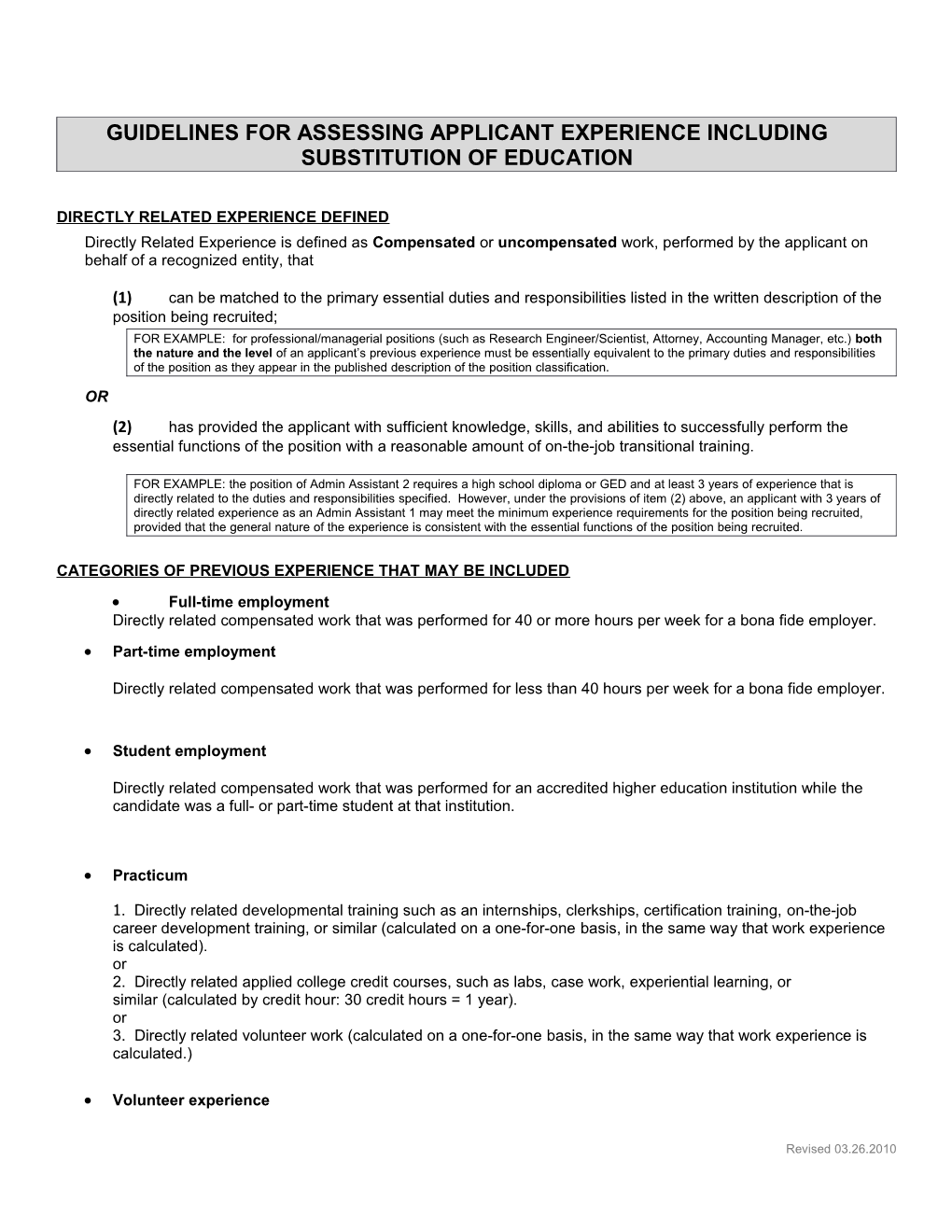Guidelines for Assessing Applicant Experience Including Substitution of Education
