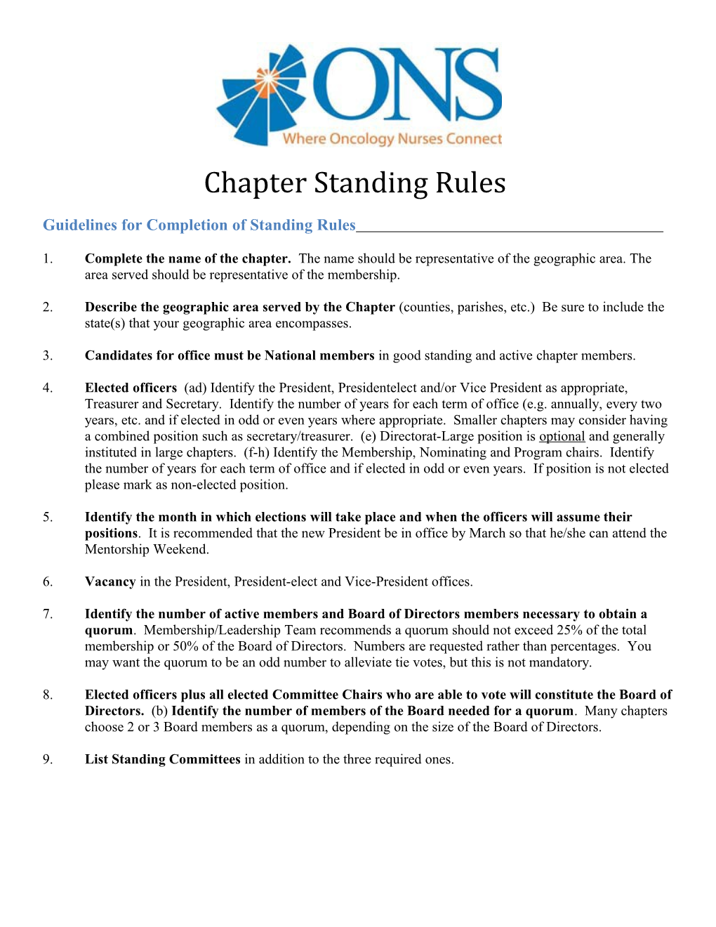 Guidelines for Completion of Standing Rules
