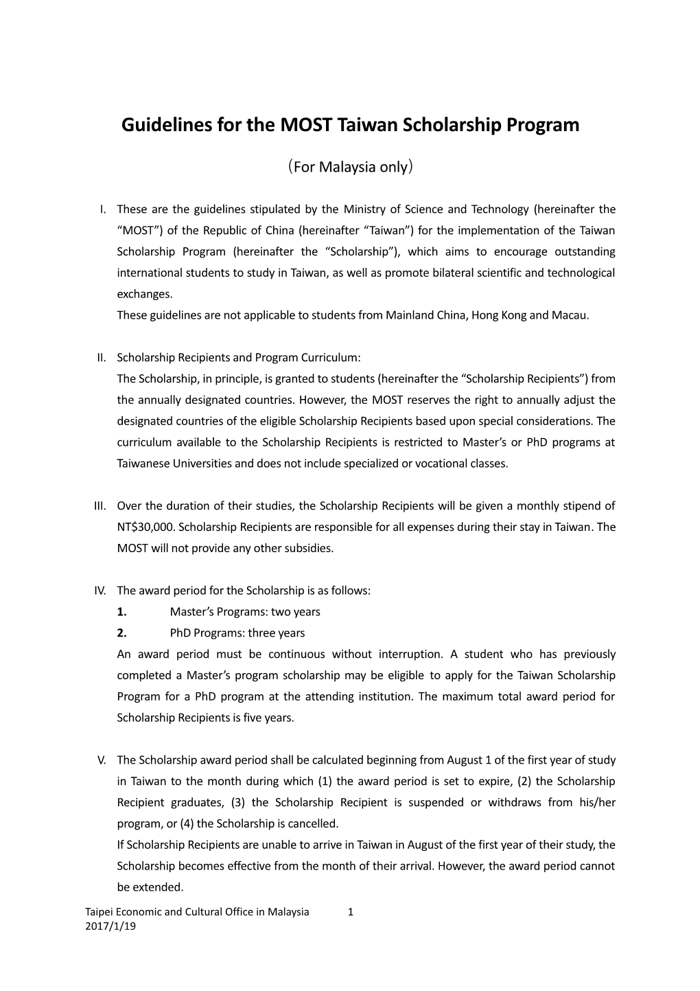 Guidelines for the Mosttaiwan Scholarship Program