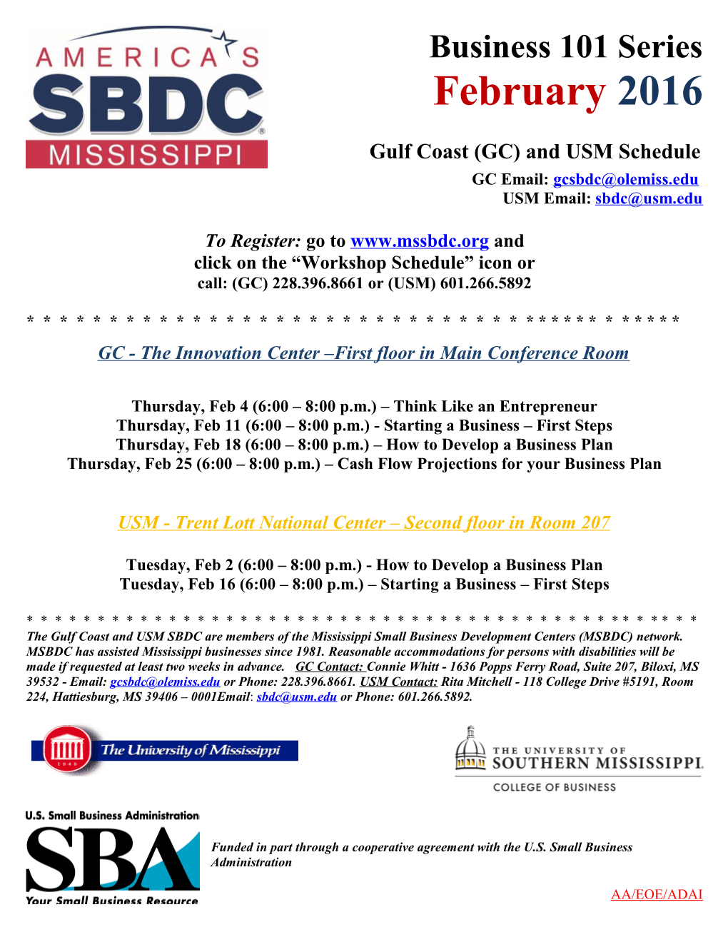 Gulf Coast(GC) and USM Schedule