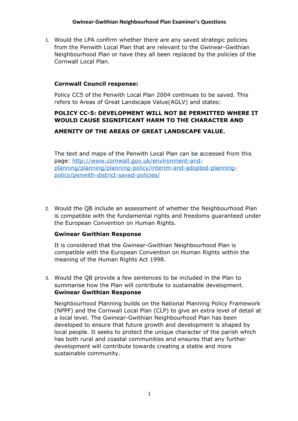 Gwinear-Gwithian Neighbourhood Plan Examiner S Questions