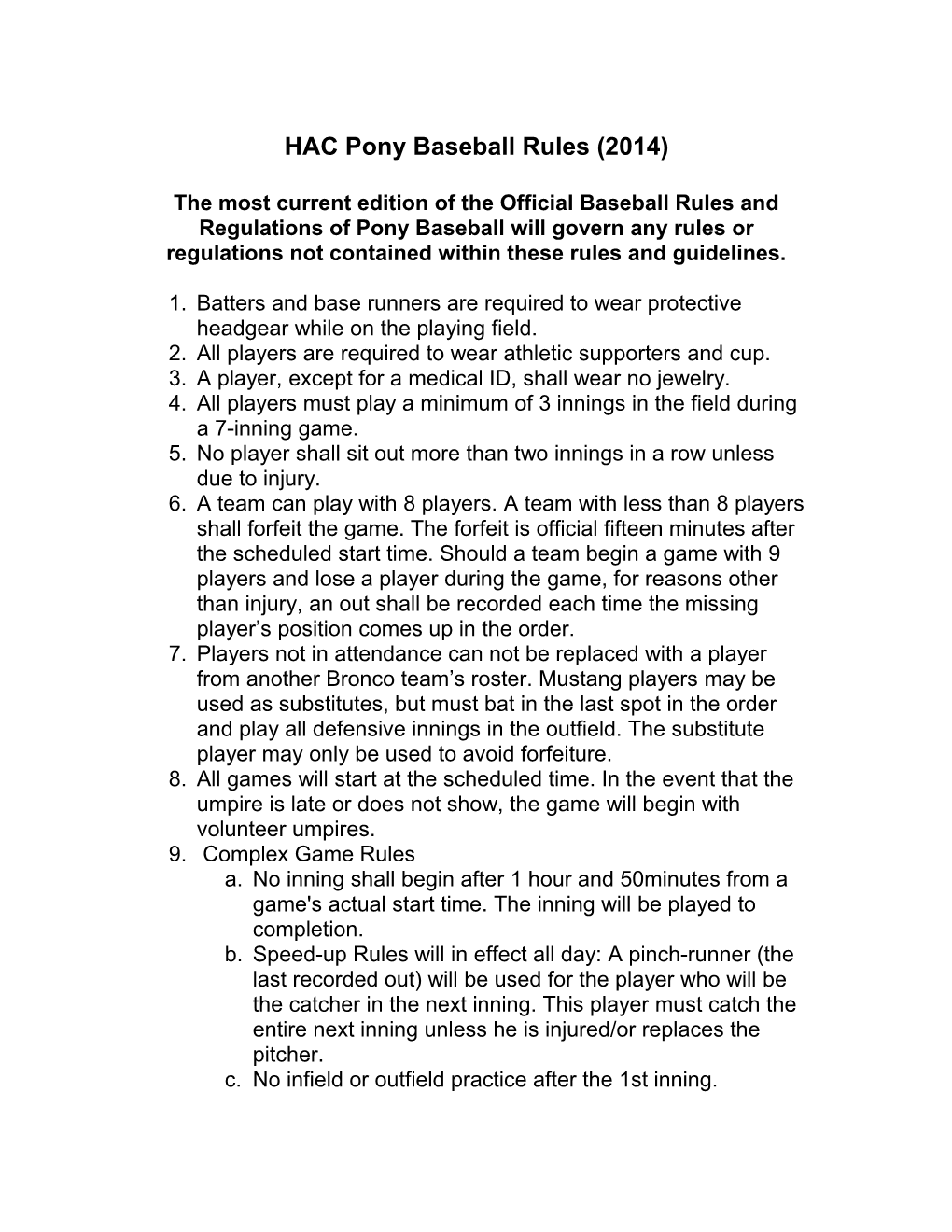 HAC Pony Baseball Rules (2011)
