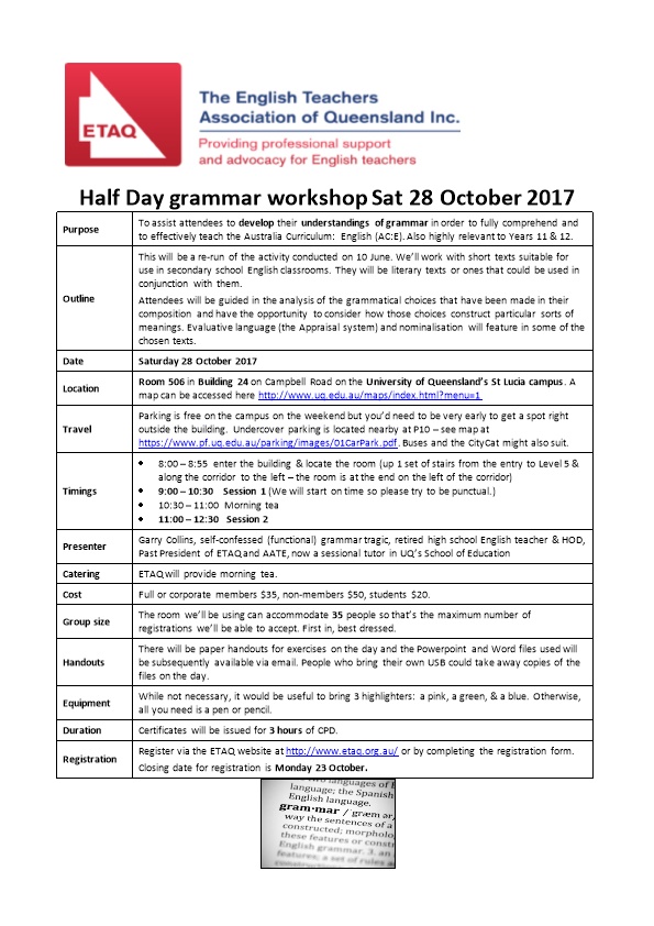 Half Day Grammar Workshop Sat 28October 2017
