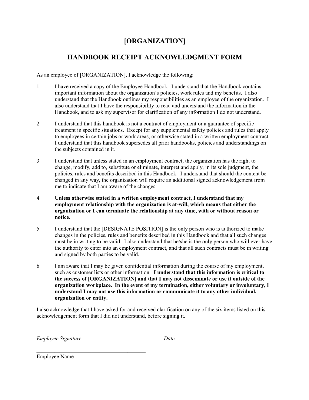 Handbook Receipt Acknowledgment Form