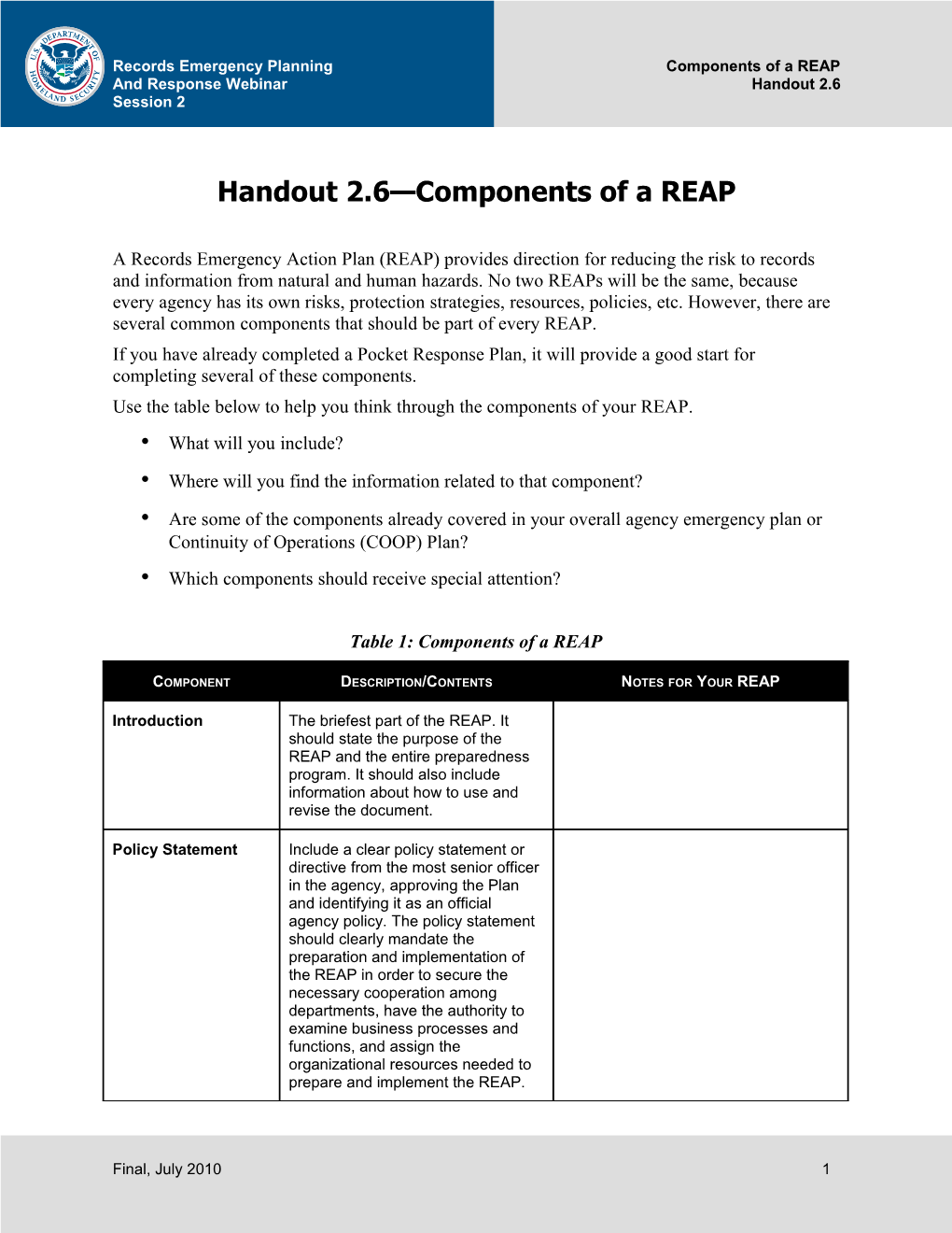 Handout 2.6: Components of a REAP