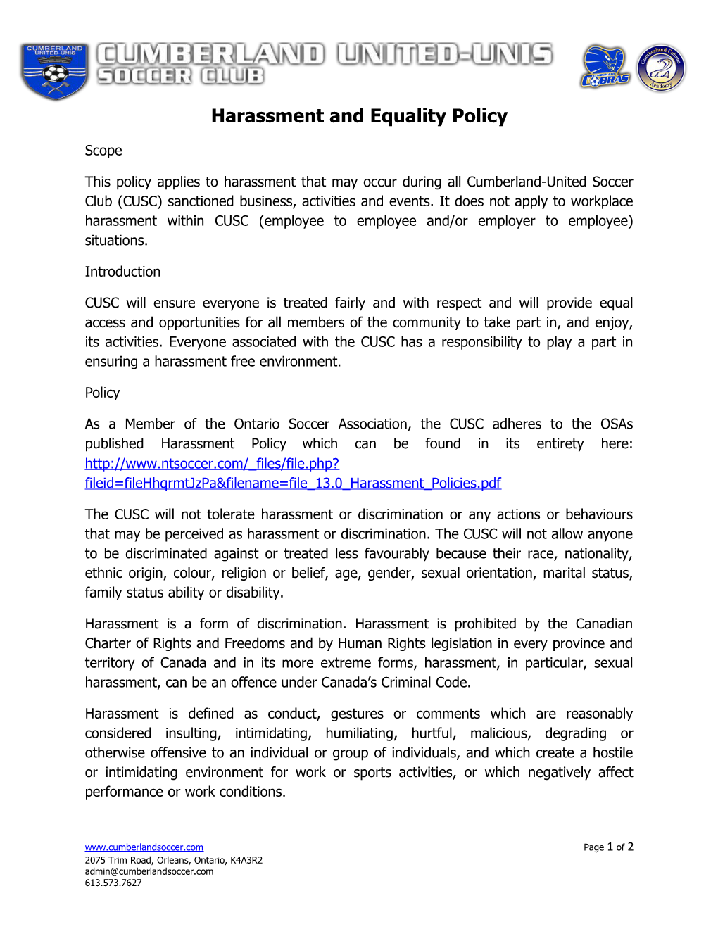 Harassment and Equality Policy