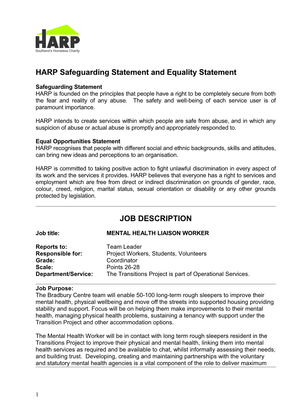 HARP Safeguarding Statement and Equality Statement
