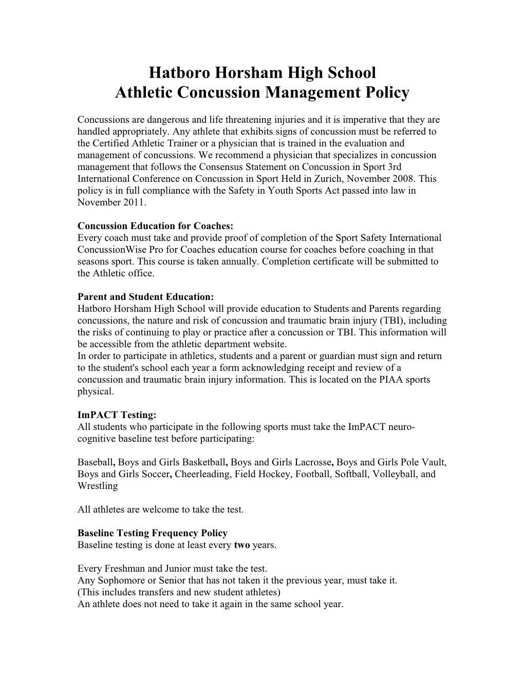 Hatboro Horsham High School Concussion Management Policy