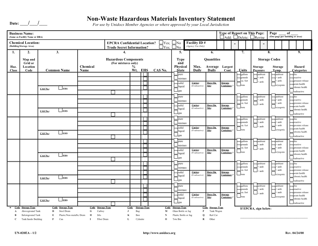Hazmat Business Plan Inventory Continuation Page