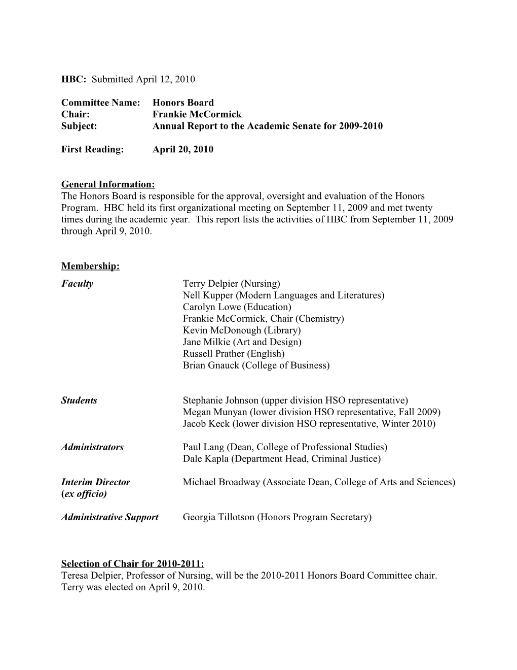 HBC Annual Report to the Academic Senate for 2009-2010
