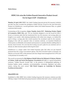 HDFC Life Wins the Golden Peacock Innovative Product Award