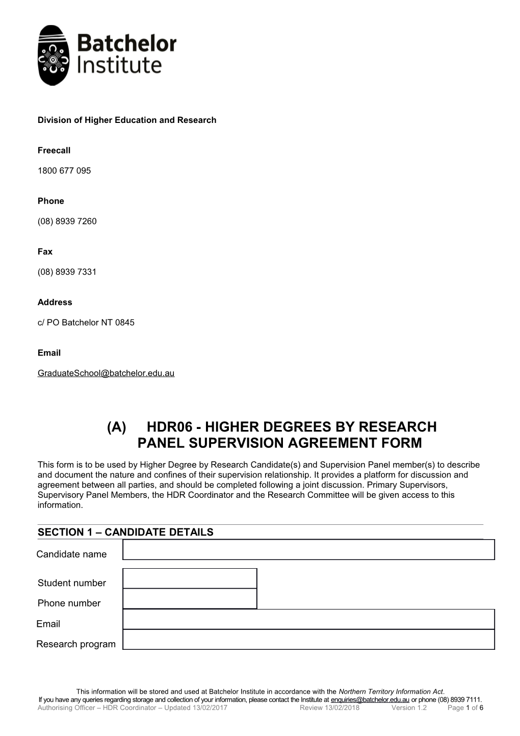 HDR06 - HIGHER DEGREES by RESEARCHPANEL Supervision AGREEMENT FORM
